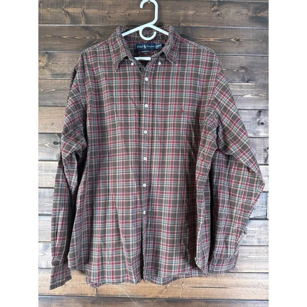 Polo Ralph Lauren Mens Classic Fit Brown & Ref Plaid Button Down Shirt XXL